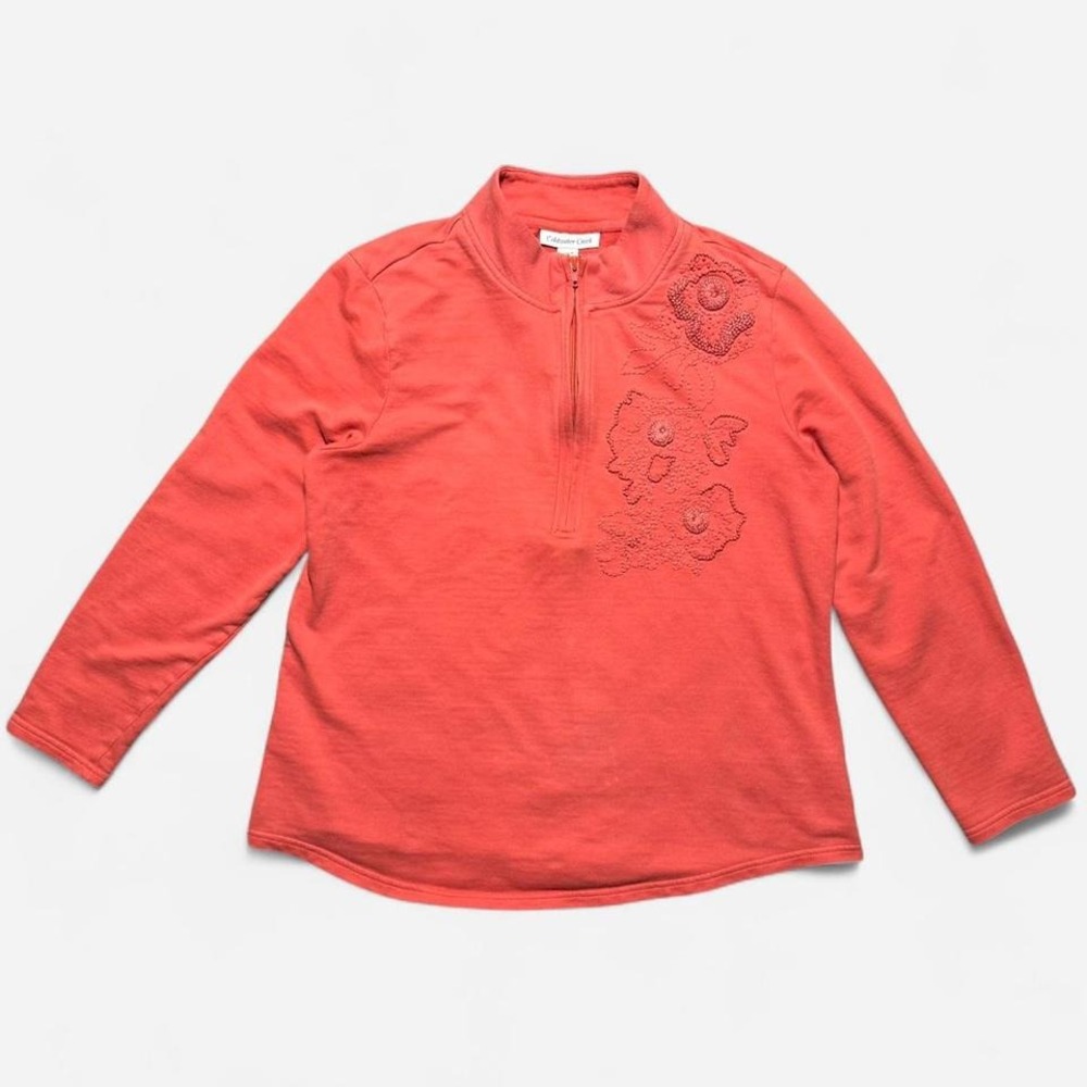 Coldwater Creek Pink quarter zip sweatshirt with embroidered flowers. Large.